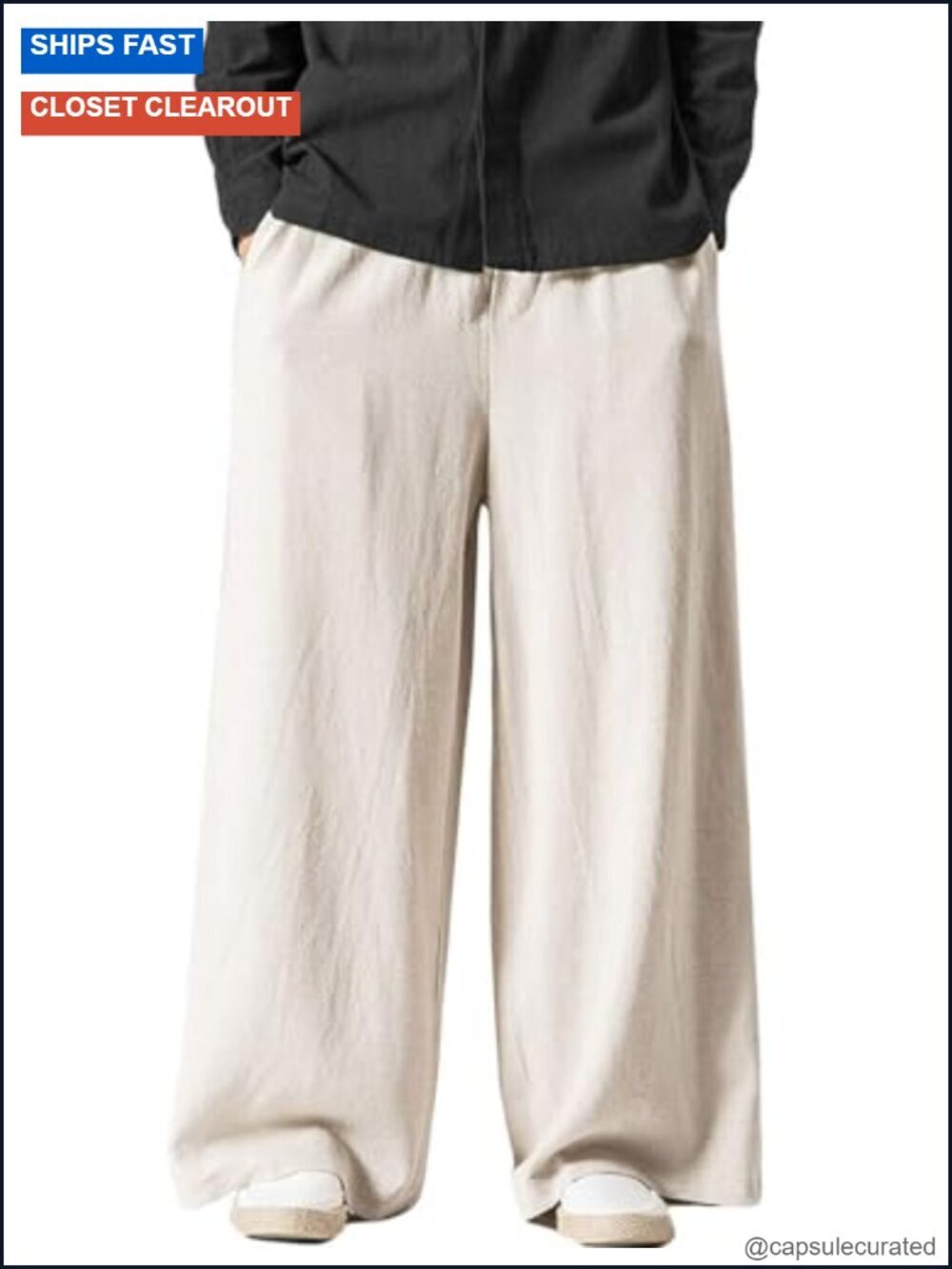 Men's Cotton Linen Wide Leg Baggy Elastic Waist Pants with Pockets